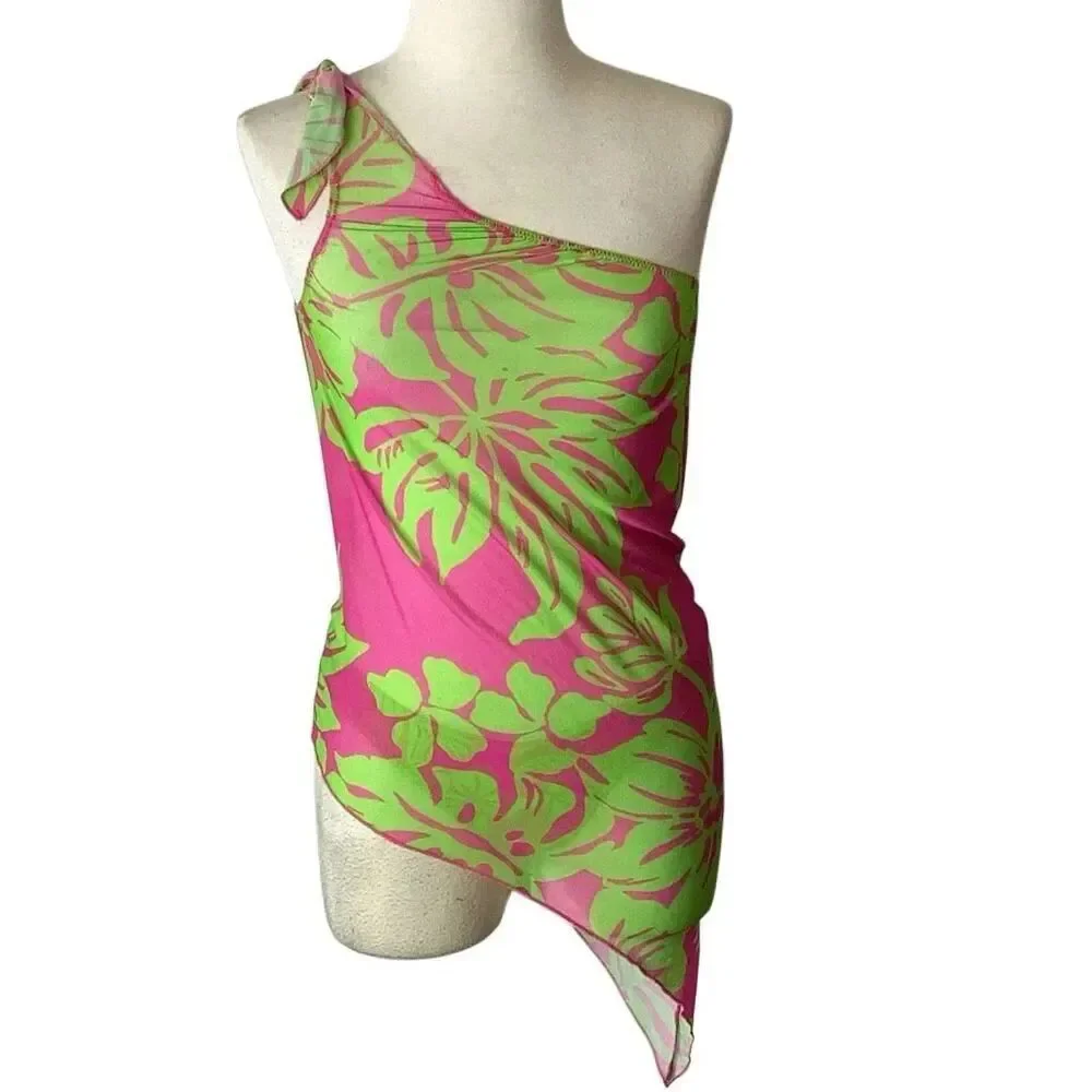 Melissa Simone NWT 2-Piece Tropical Swim Set Cover-Up & Bikini Bottoms Pink Lime
